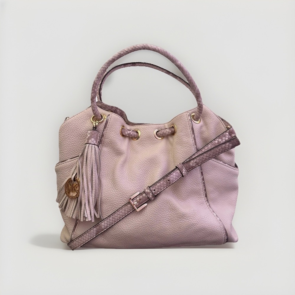 Michael Kors Pebbled Leather Bag Snake Print Tassel Fringe Logo Crossbody Purse‎